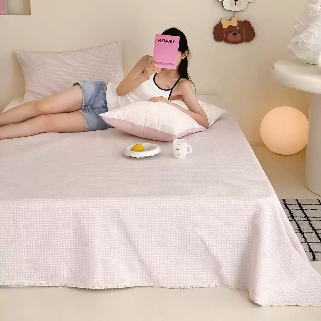 全棉纱布纱布软凉席三件套  色织提花全棉镂空小花边温柔床单