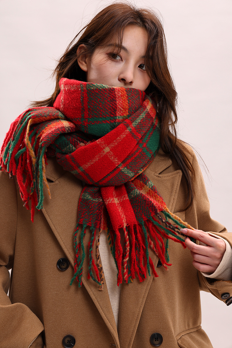 Châle à carreaux, polyvalent automne hiver, classique de Noël version coréenne 2024, nouveau châle, écharpe haut de gamme et chaude pour_voghion.com