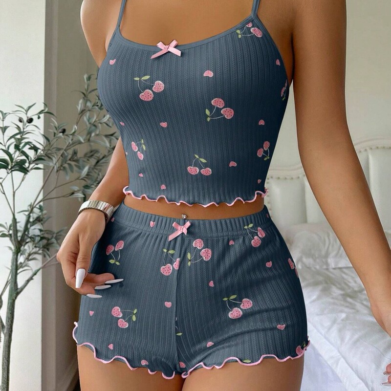 Customized Amazon Women's Loungewear European and American Summer Camisole Elastic Shorts Pajamas Women's Set Jacquard Print Women's Customized Amazon Women's Loungewear European and American Summer Camisole Elastic Shorts Pajamas Women's Set Jacquard Print Women's