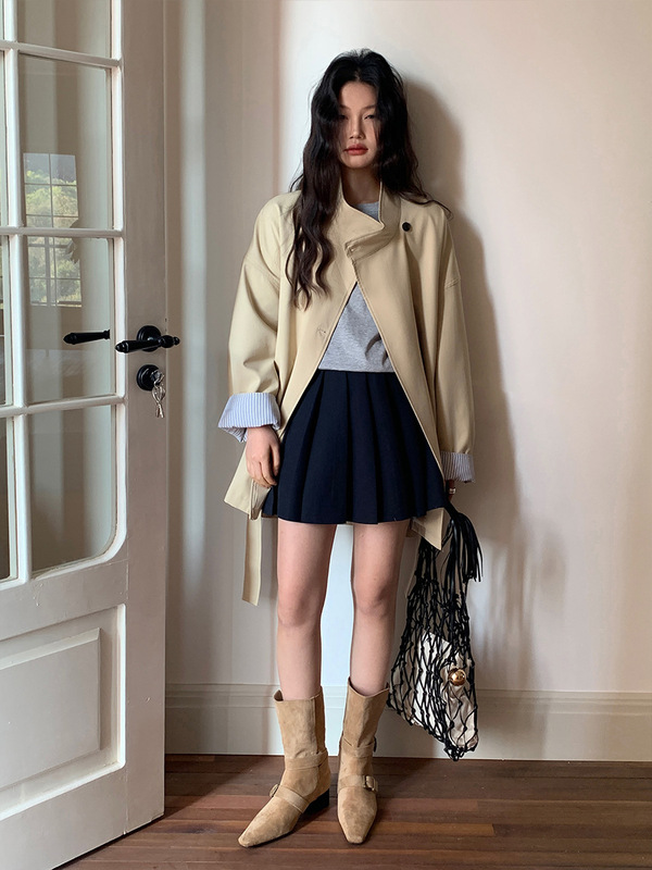 MOXI 十三行女装2025秋季新款韩版中长款半高领小个子风衣外套女|undefined