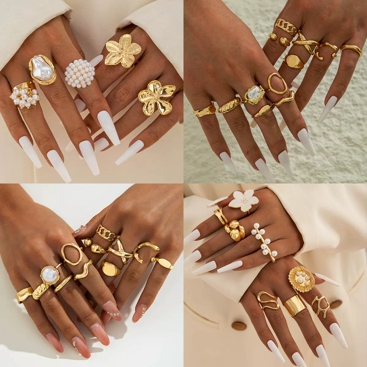 欧美风几何型不规则凹凸时尚珍珠戒指 个性多层叠戴指环戒指套装