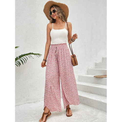 2025 Summer Fashionable All-Match Floral Side-Slit Wide-Leg Culottes for European and American Women