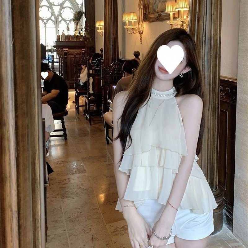 ホットガールノースリーブショルダーシャツ夏ルーズフリルデザイン不規則なシフォンシャツトップスダイヤモンドホルタートップ|undefined