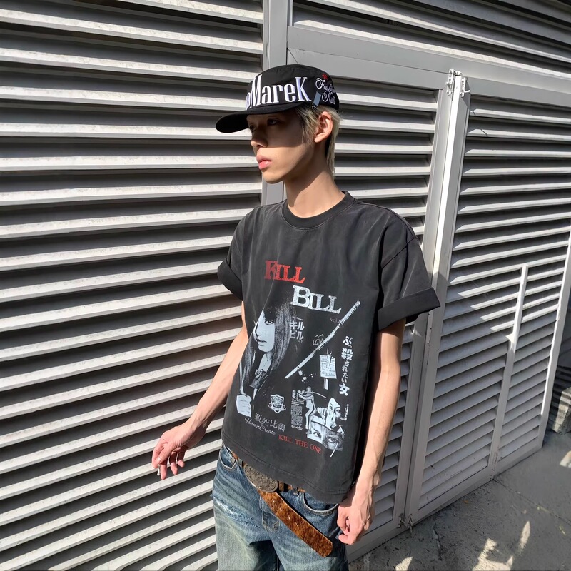 Korean Cleanfit Kill Bill Movie Vintage Street Style Washed and Distressed Small Neckline Short-Sleeve T-Shirt Boxy Korean Cleanfit Kill Bill Movie Vintage Street Style Washed and Distressed Small Neckline Short-Sleeve T-Shirt Boxy