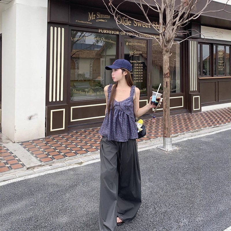 甜美减龄蝴蝶结碎花娃娃衫吊带上衣女夏季高腰系带工装休闲裤套装|undefined