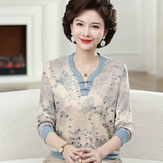中老年人打底T恤衫妈妈装毛衣羊毛针织小衫春秋上衣女装薄款奶奶