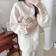 韩国ins女士新款睡衣秋冬季夹棉加厚保暖花朵高级感家居服女套装