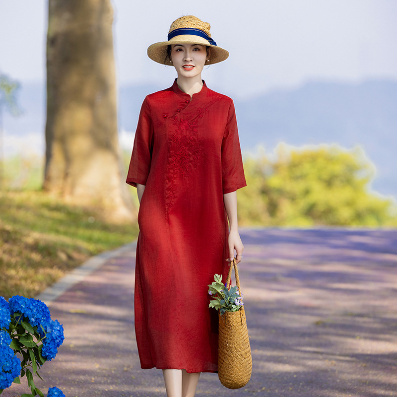 New Chinese style cotton linen women's Ramie dress 2024 spring and summer new stand collar National style retro improved cheongsam wholesale