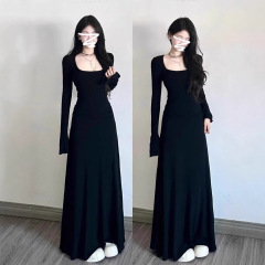 感黑色修身连衣裙女装内搭法式掐腰裙长裙子秋季穿搭2025新款