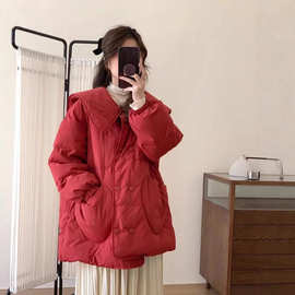韩版娃娃领棉服甜美保暖红色圣诞款年款翻领爱心口袋小个子外套