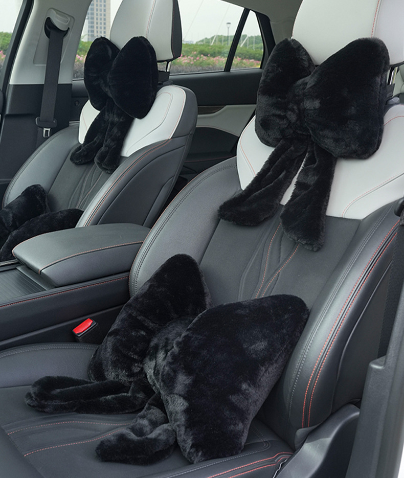 Blue Rain Plush Car Headrest Lumbar Support Bowknot Car Neck Pillow Cushion Simple Comfortable Soft Car Cushion