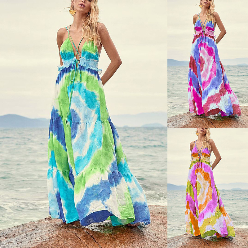 Tie-Dye Gradient Diagonal Stripe Print V-neck Slip Dress NSONF123829