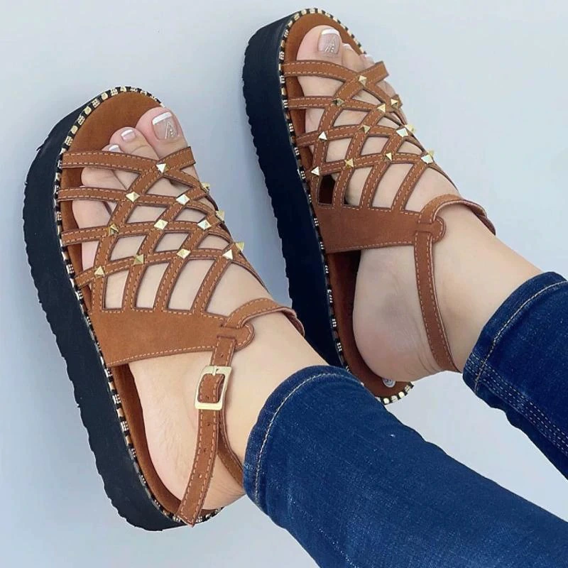 Summer lattice sandals with studded platform, breathable strappy design, plus size European style