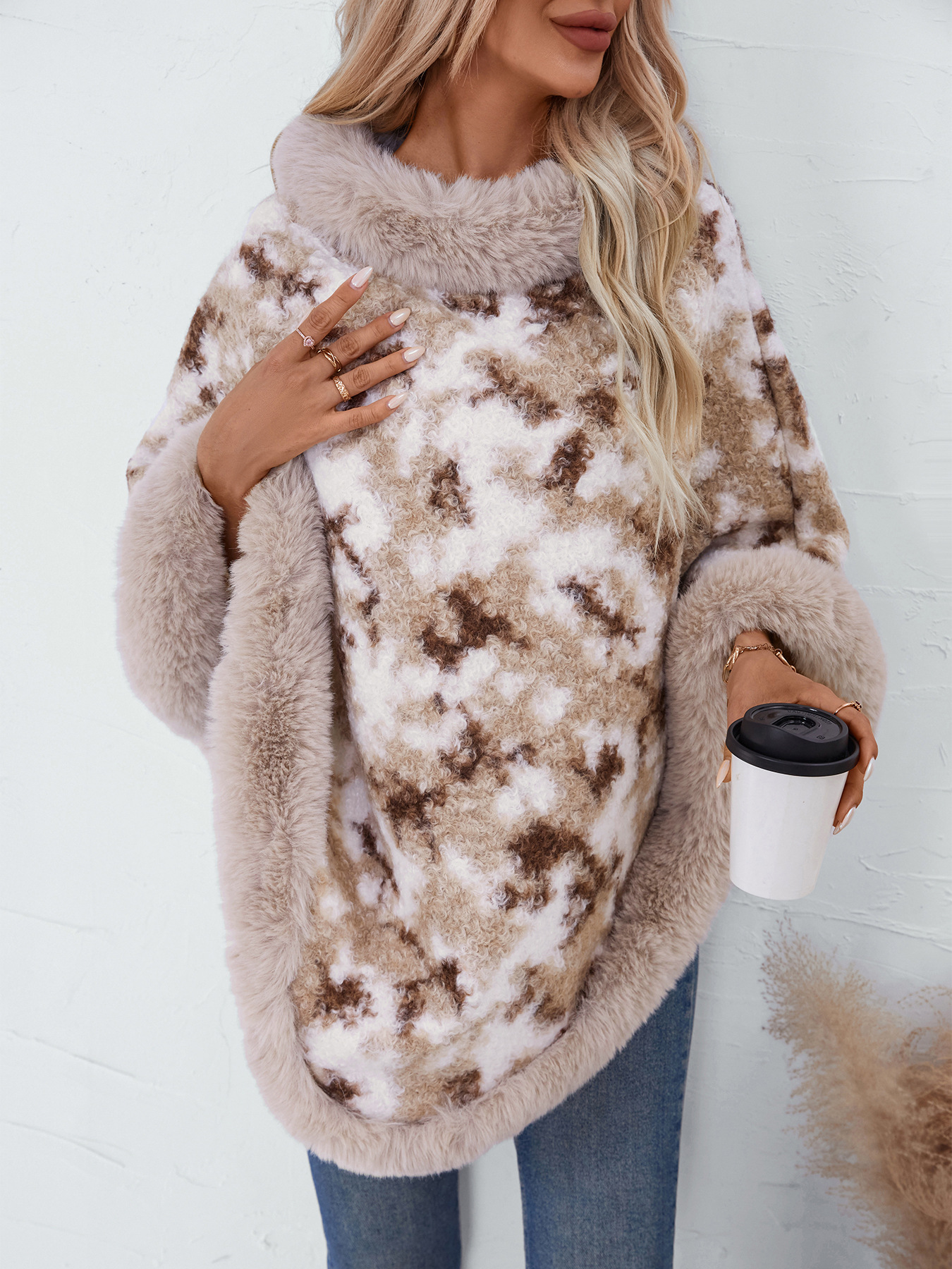 Ensemble col en fourrure tête couleur imprimé léopard tricot cape femme automne-hiver vintage pull ample châle_voghion.com