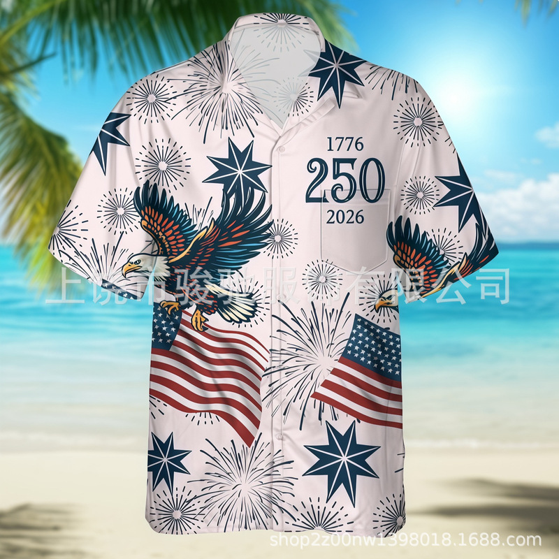 European and American American Flag Eagle Print Short-Sleeved Shirt Independence Day Themed Hawaiian Vacation Shirt Cross-Border Supply