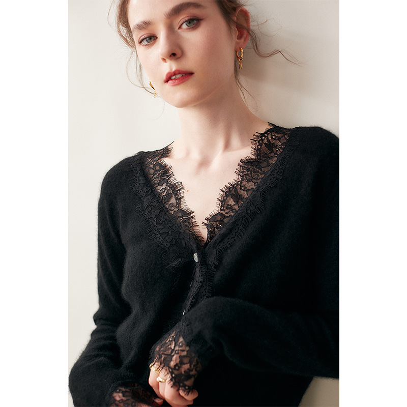 レースカシミヤカーディガン女性の V ネックショートセータージャケットニットウールカーディガン長袖秋と冬の新しいスタイル|undefined