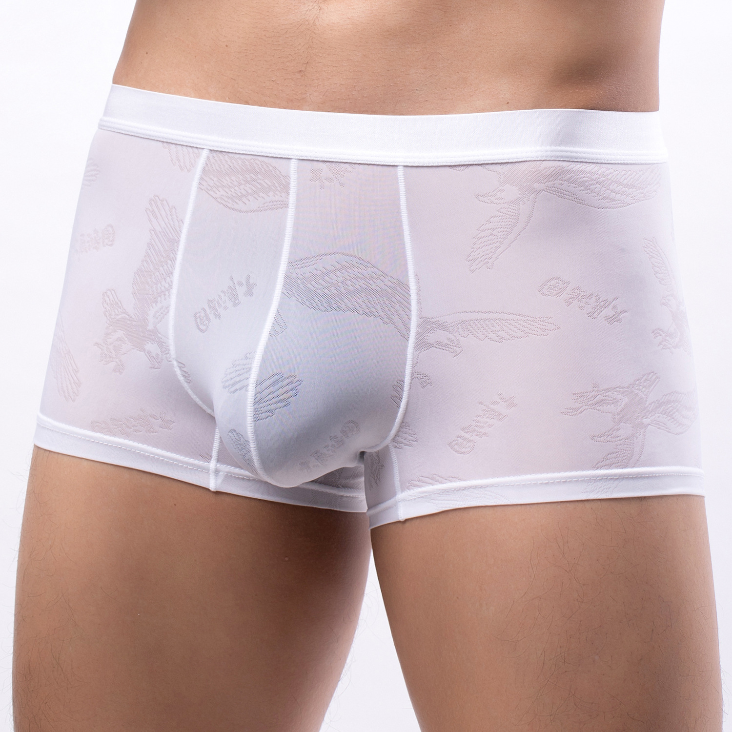 新款男士平角內褲透明透氣U凸薄款時尚性感冰絲提花內衣廠家批發