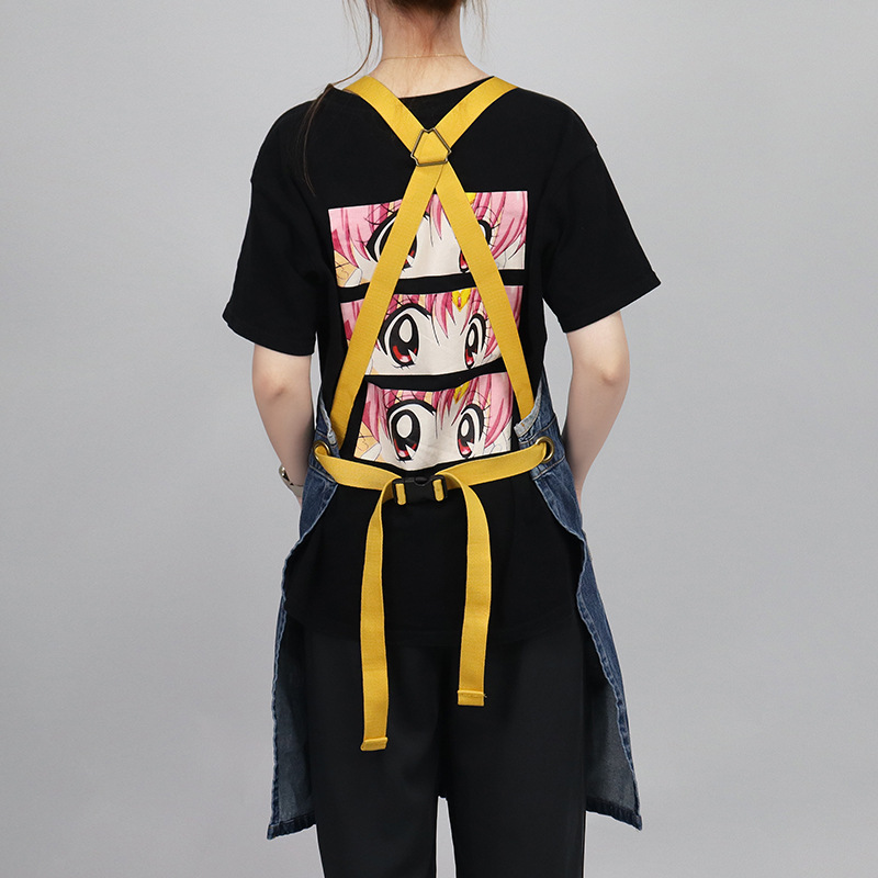 Comercio exterior agua lavada denim delantal barbero tostador café jardinería restaurante ropa de trabajo nuevo delantal de moda de color contraste