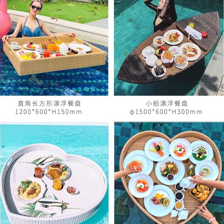 Piscina plato de frutas ratán flotante redonda bandeja de aguas termales Bali Vietnam desayuno cesta B & B Villa