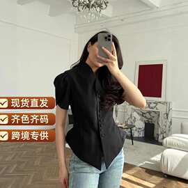 现货跨境新款女装时尚优雅泡泡袖上衣收腰修身欧美INS风西装外套