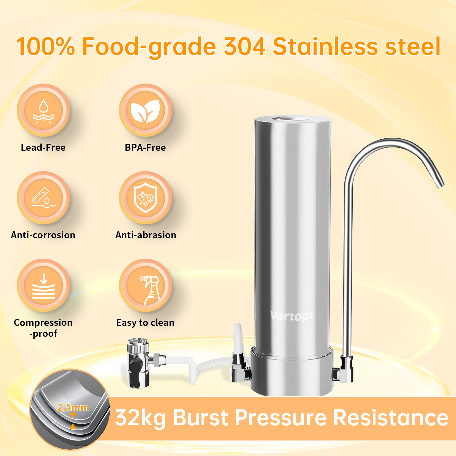 Grifo Independiente, Filtro de Carbón Activado para Encimera sin Perforación, Purificador de Agua de Acero Inoxidable para Beber Directo