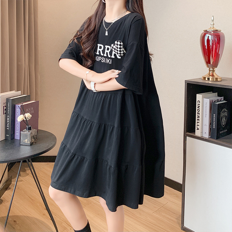 韩版潮流圆领短袖T恤女个性设计感字母宽松大码时髦中长款连衣裙详情9