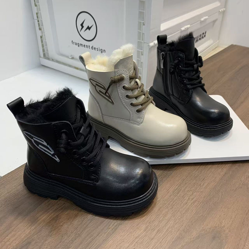 2025年冬季新款女童真皮真毛保暖马丁靴英伦风男童皮靴儿童棉靴