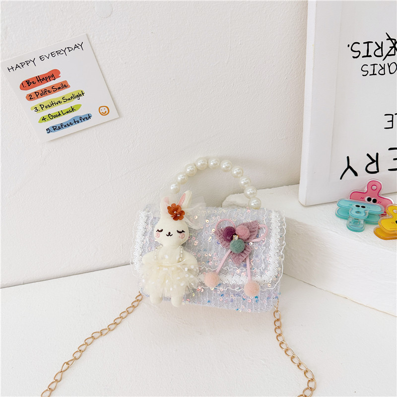 Nuevos niños estilo Chanel estilo bolsa moda perla bolso de hombro de dibujos animados muñeca bolsa de mensajero cadena
