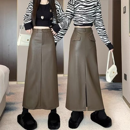 Women's Pu Skirt, Half-Body Skirt, Spring and Autumn High-Waisted Slimming Medium-Length Skirt with Back Slit, A-Line Mermaid Skirt