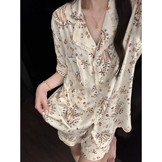 法式复古刺绣碎花纯棉睡衣女2026夏季蕾丝花边短袖短裤家居服套装