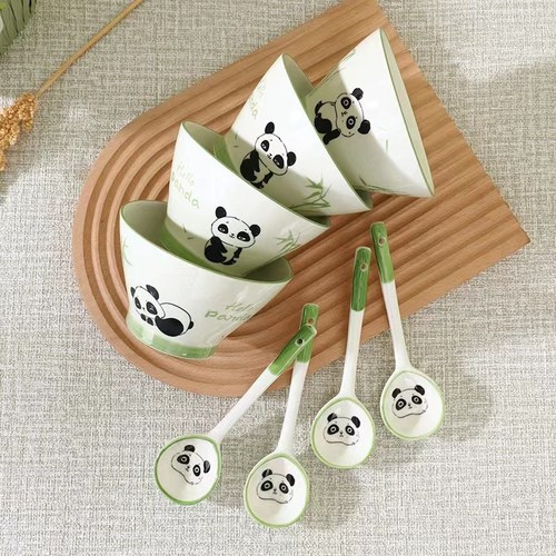 卡通熊猫果奈斗笠碗家用日式碗勺套装可爱釉下彩陶瓷米饭碗