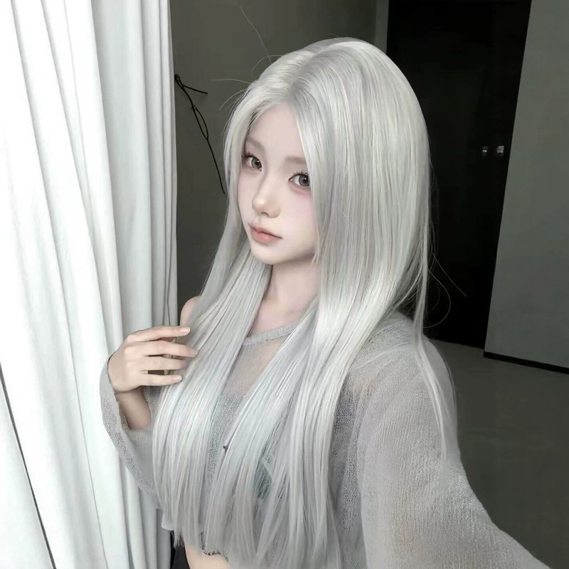 Full Head Wig for Women, Misty Effect, Middle Parting, Long Straight Silver-White Hair, Suitable for Cosplay and Daily Natural Wear Full Head Wig for Women, Misty Effect, Middle Parting, Long Straight Silver-White Hair, Suitable for Cosplay and Daily Natural Wear