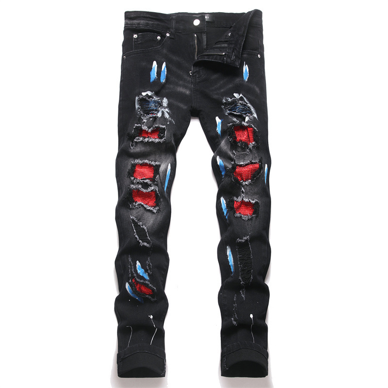 New Style Export-Style Trendy Black Hand-Rubbed Distressed Patchwork Skinny Stretch Men's Jeans 8400 New Style Export-Style Trendy Black Hand-Rubbed Distressed Patchwork Skinny Stretch Men's Jeans 8400