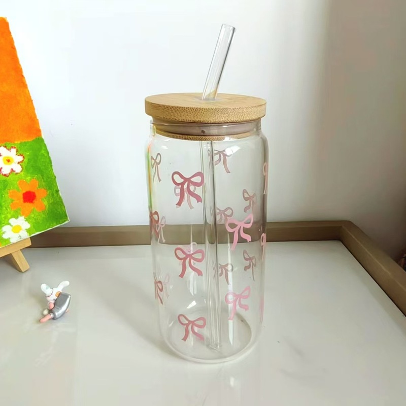 Ins風シンプル高ホウ素シリコン耐熱蓋付き蝶結びガラスコーラ缶大容量ストロージュースミルクカップ|undefined