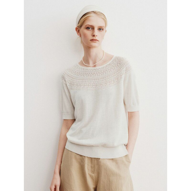 French-Style Elegance~ "Southern French Blouse" with a Hollow-Out Design, Tencel and Silk Boat-Neck Short-Sleeve Women's Summer Slim-Fit T-Shirt
