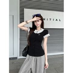 カレッジスタイルレースコントラスト水玉パッチワーク半袖Tシャツレディース夏優しいスリムフィットショルダーショートトップ