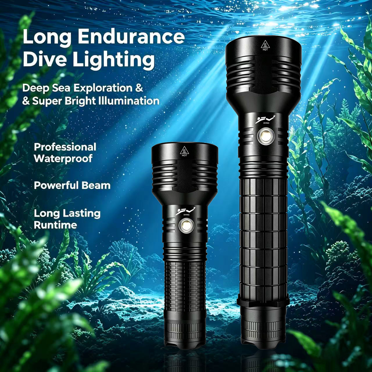 Diving flashlight, high-intensity, rechargeable, ultra-bright, waterproof, for underwater use, professional deep-sea diving, night diving, fishing, and beach activities