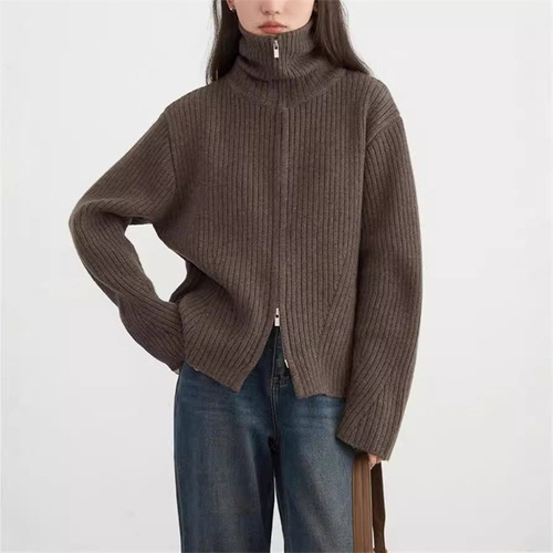 Cross-border lazy-style double zipper women's coat for 2025 autumn and winter, foreign trade loose high-end casual knit sweater