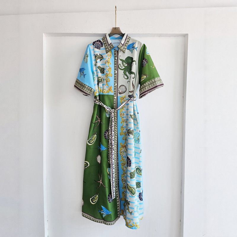Cross-Border French-Style Ocean Linen Shirt Dress for Women, Summer Starfish and Shell Print, Waist-Cinching Dress, Elegant Ladylike Long Dress Cross-Border French-Style Ocean Linen Shirt Dress for Women, Summer Starfish and Shell Print, Waist-Cinching Dress, Elegant Ladylike Long Dress