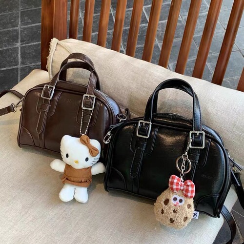 High-end Boston bag for women, new Korean style spring and summer niche retro black hand-held crossbody bag