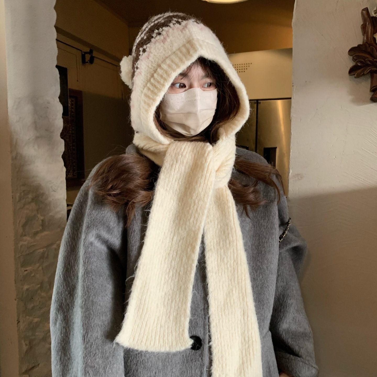 フェア島風毛糸帽子女子秋冬レトロ百合大頭囲保温ニット帽子顔小耳保護帽子