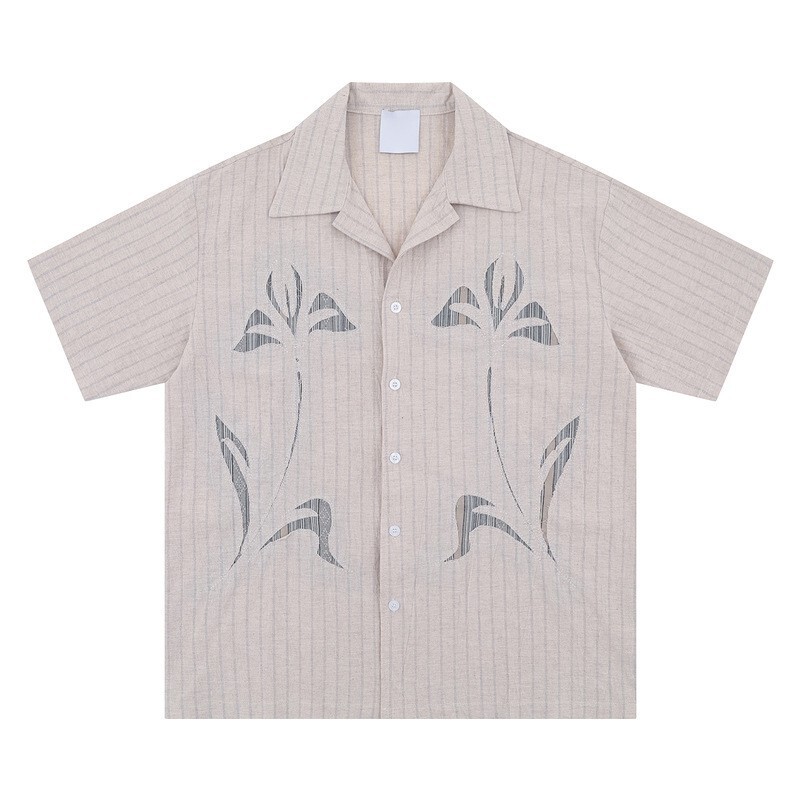 Designed Floral Cuban Collar Shirt for Men, Summer Street Vibe, Loose Retro Striped Short-Sleeved Shirt