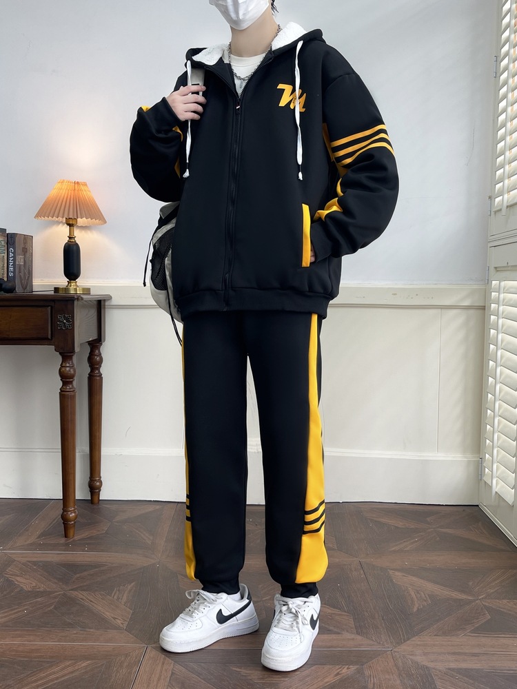 Juveniles hombres otoño y invierno más terciopelo traje casual cardigan encapuchado pantalones largos de dos piezas traje casual de hombre