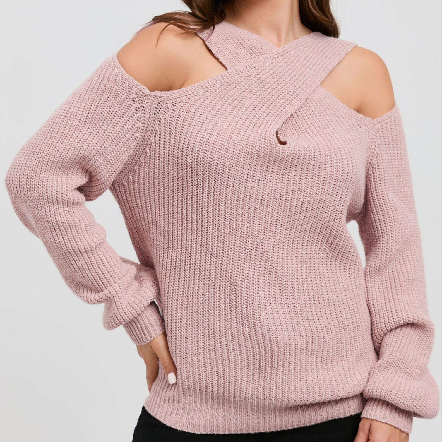 2023 nuevo Amazon primavera y otoño color sólido fuera del hombro Cruz Halter linterna manga suéter para mujeres