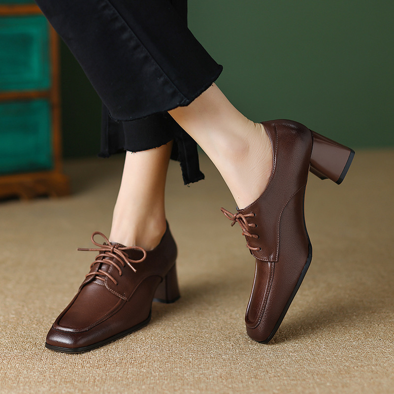 Vintage Color-polished Cowhide Brown Lace-up High-heeled Shoes with Full Leather Square Toe Deep Mouth Chic Heel Mid-heel Single-layer Shoes Women's Large Size