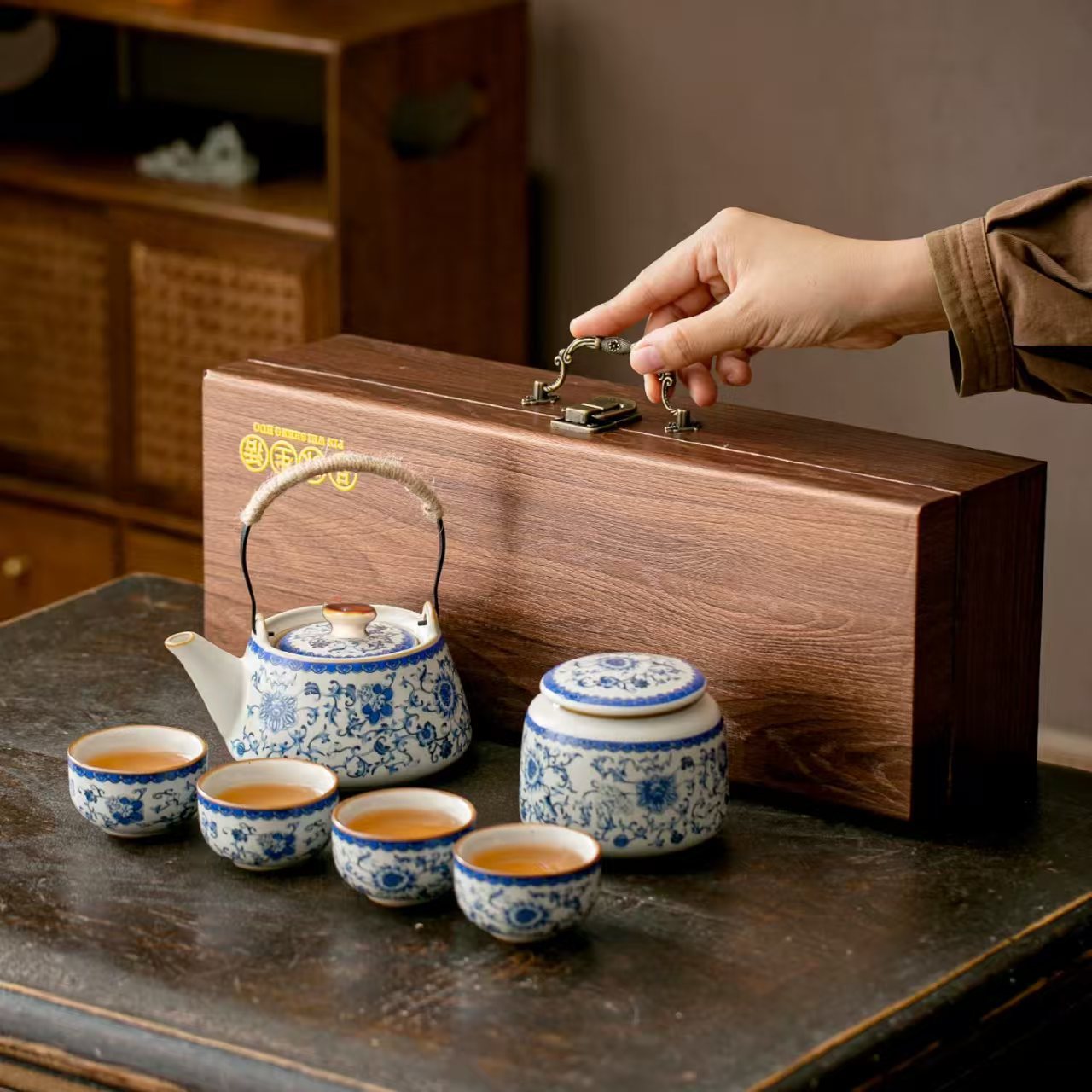 青花米黄汝窑手抓壶盖碗茶杯单个高档家用防烫泡茶壶功夫茶具套装