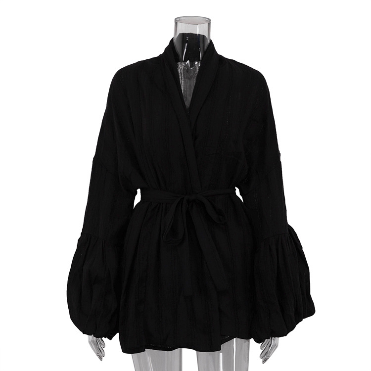 Women's Casual Lounge Set - Cotton Tie-Waist Oversized Long Sleeve Cardigan & Shorts Two-Piece Outfit_voghion.com