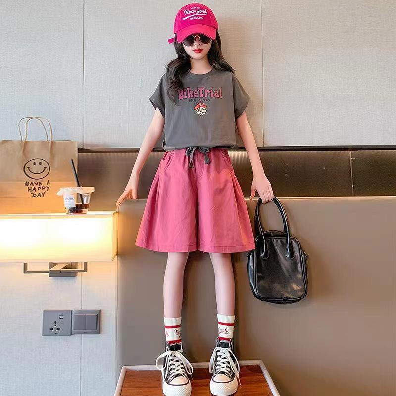 Girls Summer Wear New Sleeveless Vest Shorts Two-piece Set 2023 Big Kids Korean Cartoon T-shirt Five-piece Pants Set