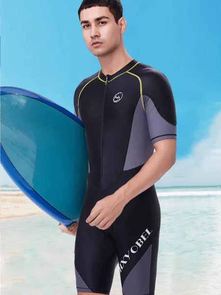Men's Short-Sleeved One-Piece Swimsuit for Summer Youth Swimming Training, Sun Protection, Surfing, Snorkeling, Quick-Drying, Beach Wear