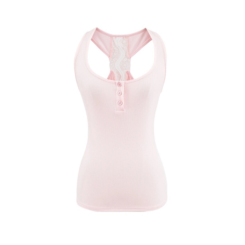 Petite Summer Versatile Back Lace Patchwork Sheer Vest Women's U-Neck Pullover Button Sleeveless Base Top